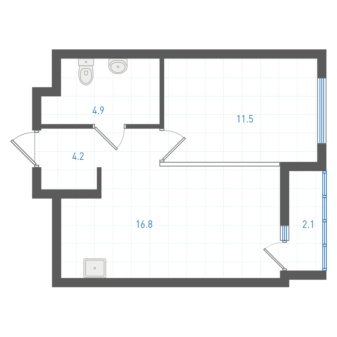1 комнатная квартира № 3.1.2.2