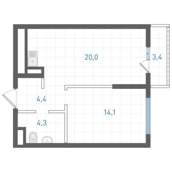 1 комнатная № 1.3.3.4